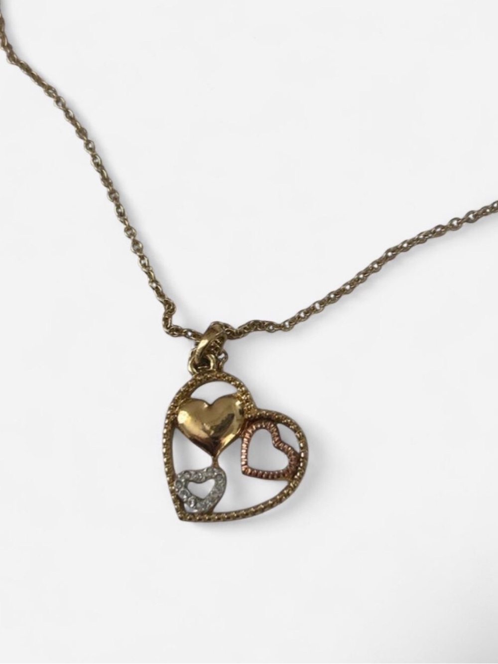 Tri-Tone Heart Pendant Necklace - Gold, Rose & Silver
